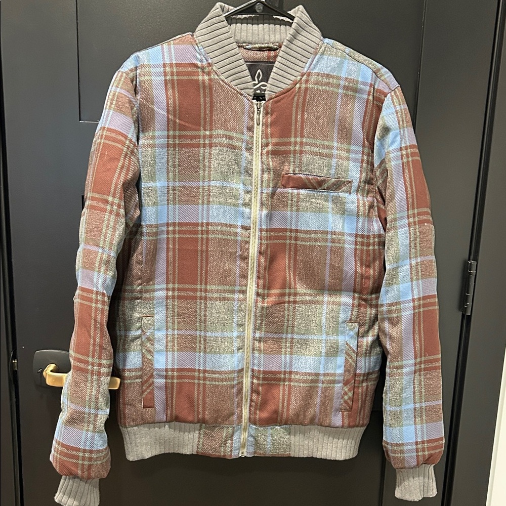 Prana NWOT Plaid Bomber Jacket in Brown and Blue, Med